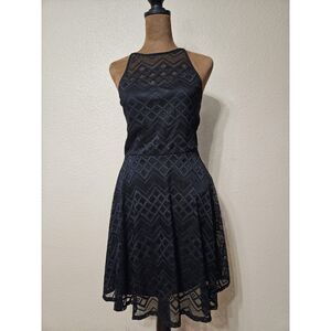 Candie's Women’s Black Lace A-Line Dress M Sleeveless High Neck Sheer Overlay